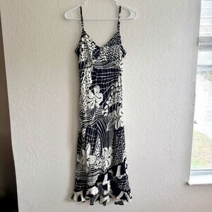 Vintage Jams World Midi Dress Small Tropical Floral Artsy Cruise Ruffle Resort